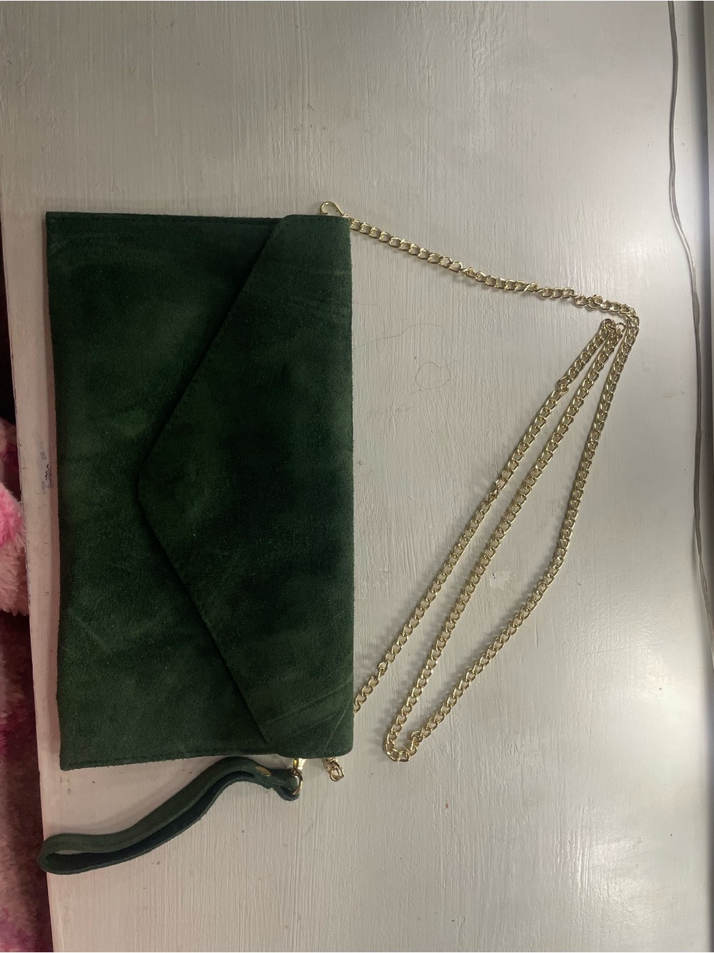 Vera Pelle Forest Green Suede Envelope Crossbody with Gold Chain